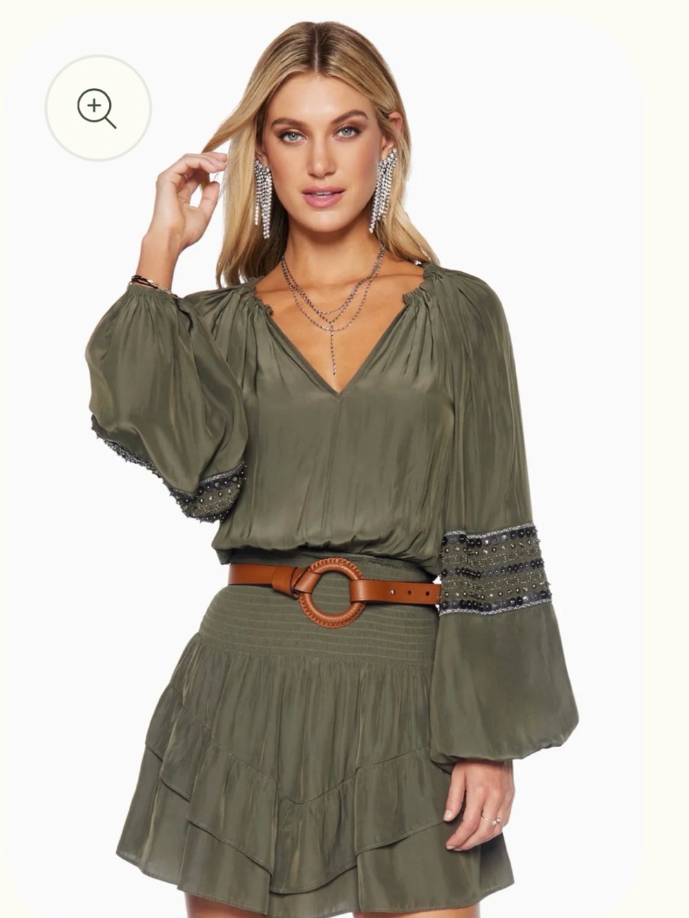 Ramy Brook Olive Green V-Neck Balloon Sleeve Blouse